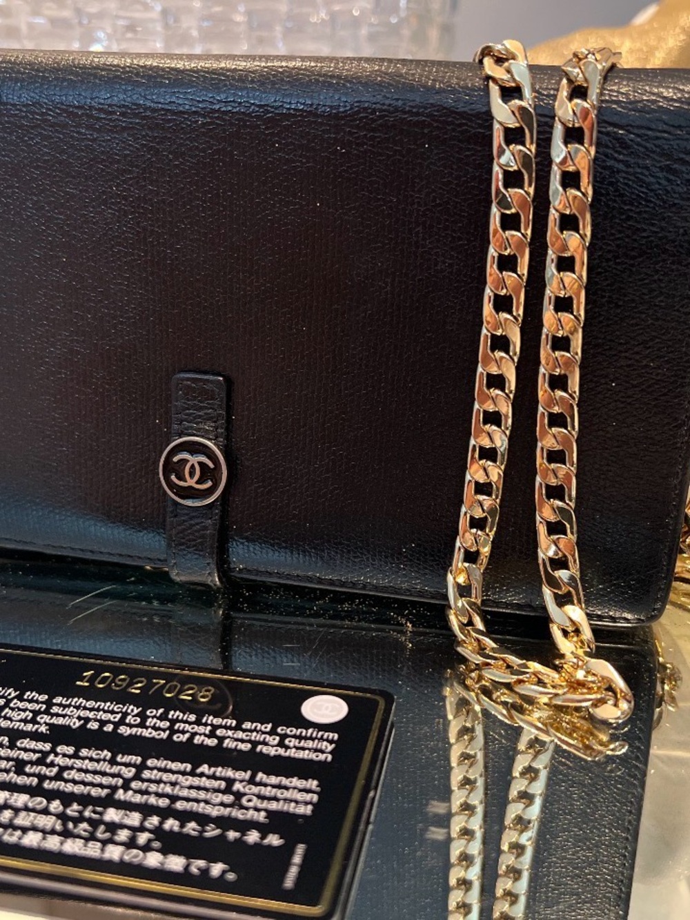 AUTHENTIC CHANEL Black Leather Long Wallet Crossbody Gold Chain